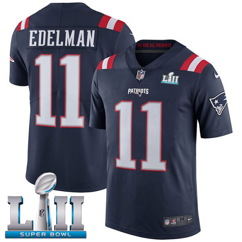 Nike Patriots #11 Julian Edelman Navy Blue Super Bowl LII Men's Stitched NFL Limited Rush Jersey - Click Image to Close